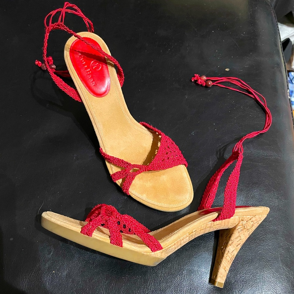 Vintage y2k Knit Crochet lace Slingback ankle strap cone platform retro sandals